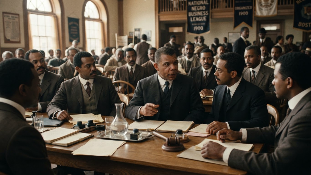 African American businessmen in formal suits gather for a conference in a grand hall.