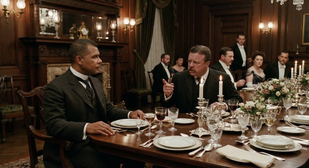 Booker T. Washington sits at a formal dining table inside the White House.