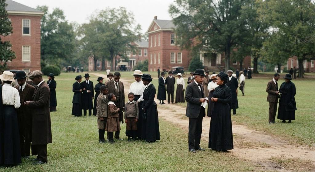 Students walk across the green lawns of the Tuskegee campus past historic brick buildings.