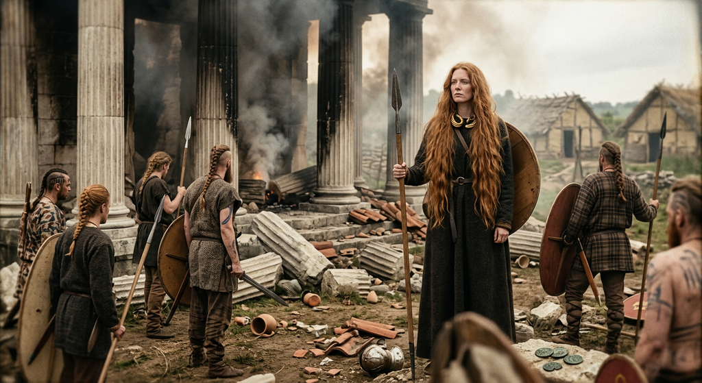 Celtic warriors surround a classical Roman stone temple with a burning roof.