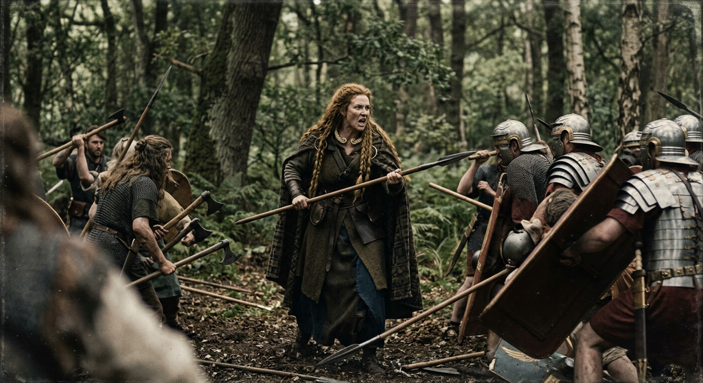 Celtic fighters attack armored Roman soldiers marching through a dense forest.