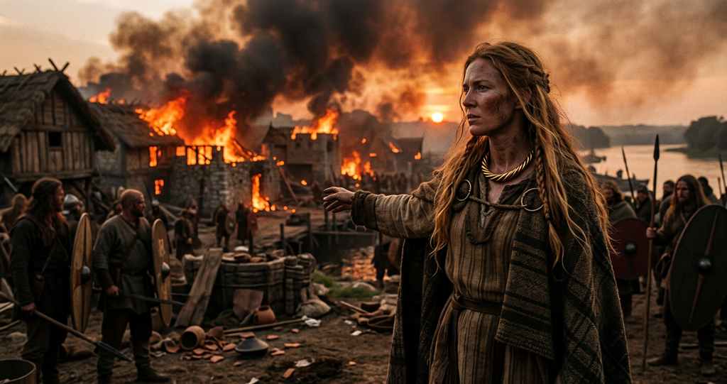 Wooden settlement buildings burn along a river as thick smoke rises over the water.