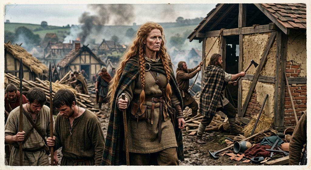 Celtic warriors tear down structures in a town combining British and Roman architecture.