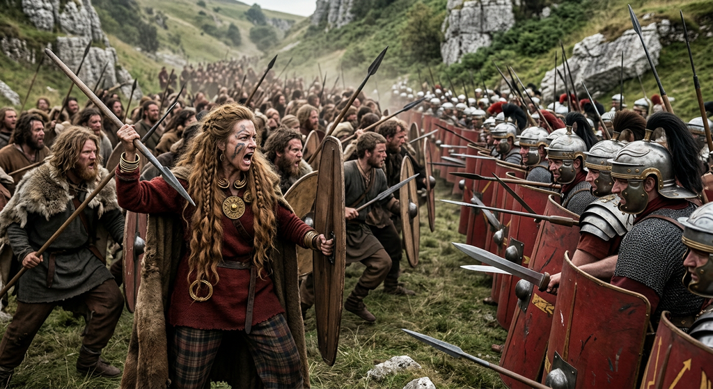A large wave of Celtic warriors charges through a valley toward a Roman shield wall.