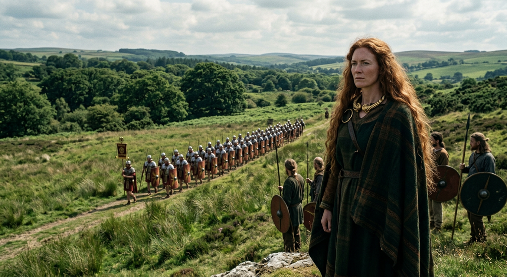 Roman legionaries march in formation across the green British countryside in 43 AD.