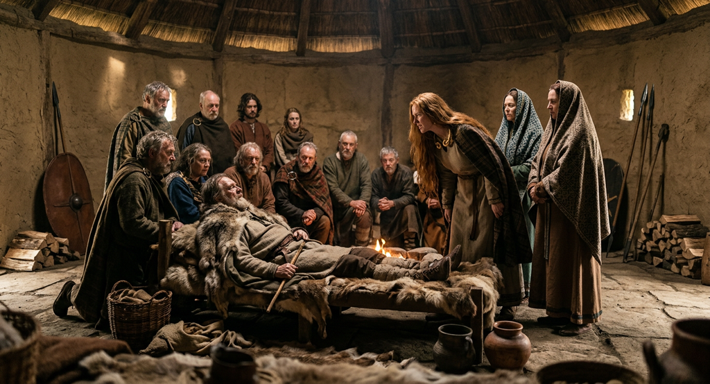 Tribal elders gather around a Celtic king lying on his deathbed inside a wooden shelter.