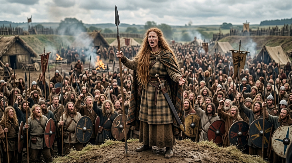 A tall Celtic woman raises a spear to address a crowd of armed warriors in a field.