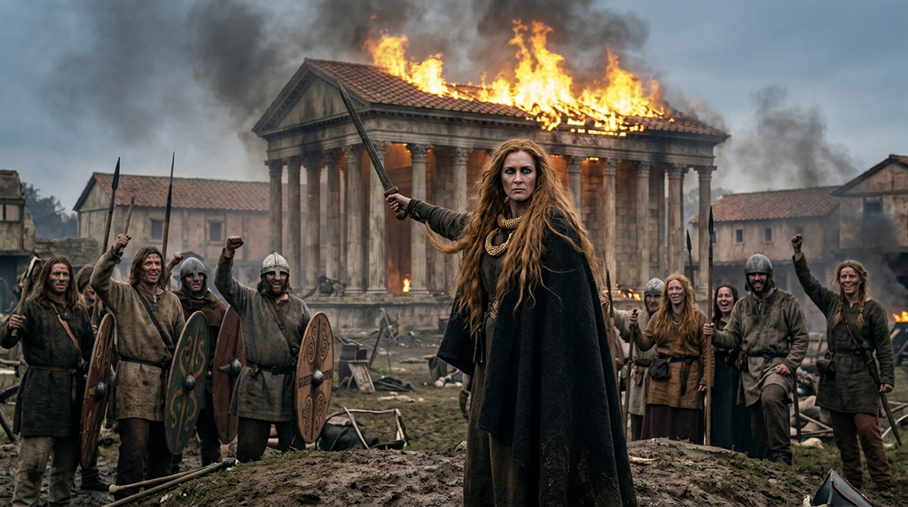 Celtic warriors cheer before a burning Roman temple filled with fire and smoke.