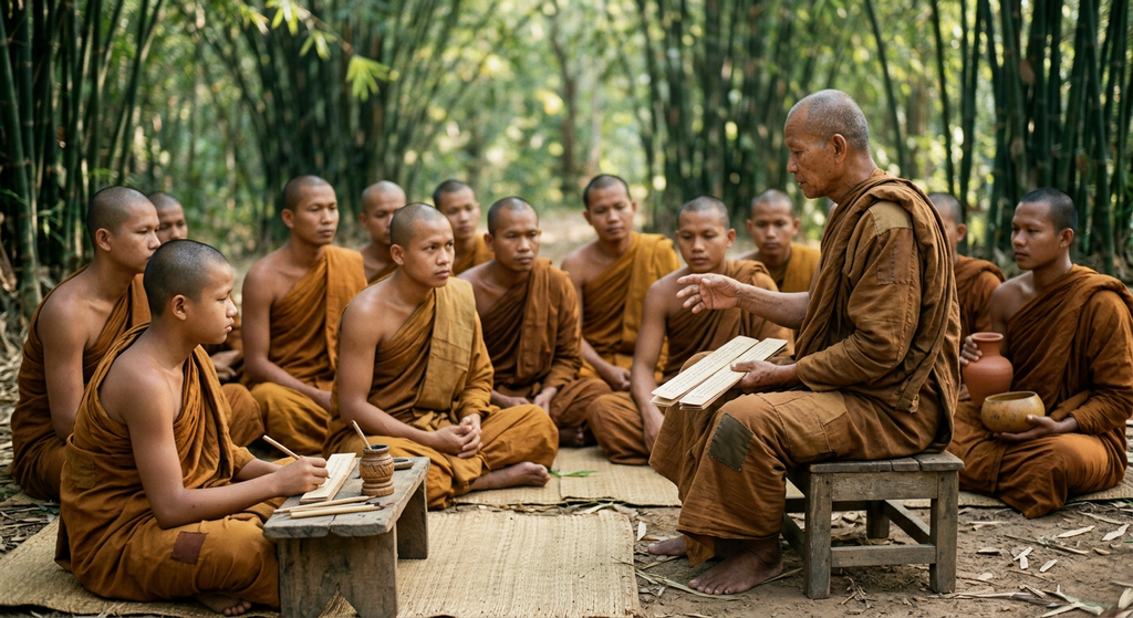 Monks clad in ochre robes gather within a tranquil bamboo grove to listen to a teacher.