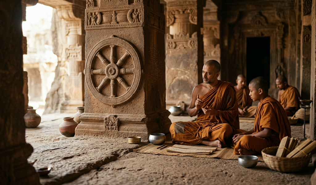 An eight-spoked wheel design is carved into the surface of an ancient stone pillar outdoors.
