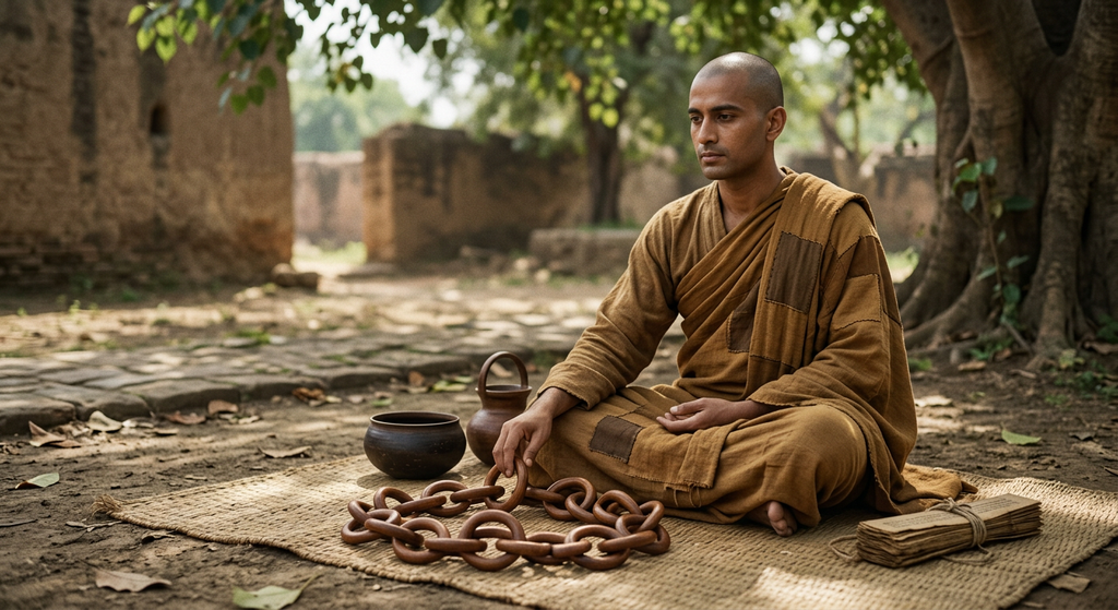 A chain of intricate wooden rings linked together lies across a natural woven mat.