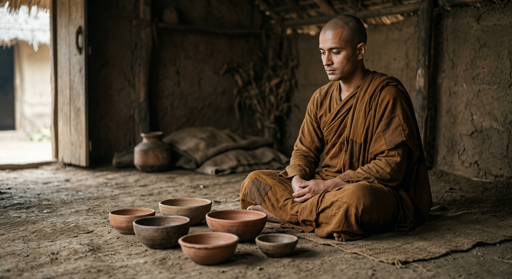 Five unadorned clay bowls of varying sizes sit arranged in a row upon an earthen floor.