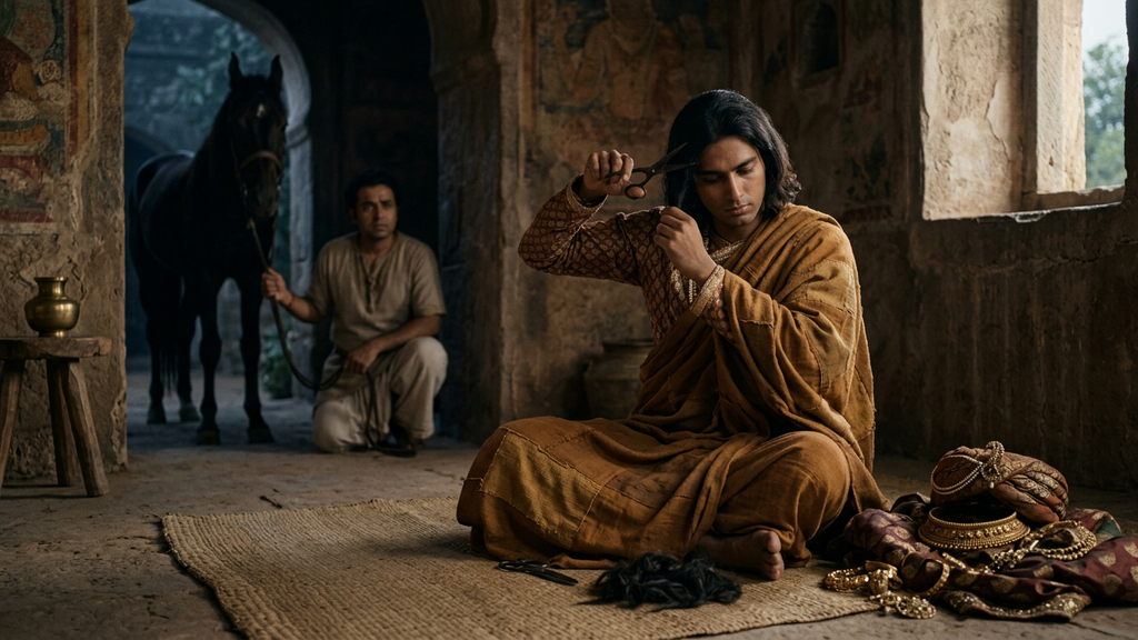 A young man outdoors cuts his long hair while discarding opulent royal garments for simple robes.
