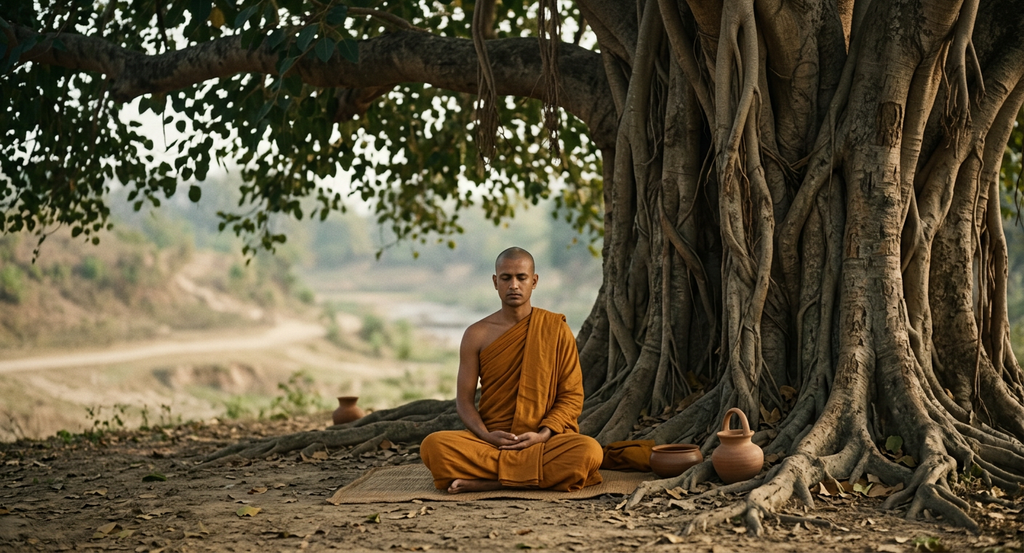An ascetic monk wearing patched ochre robes sits in meditation beneath a large spreading fig tree.