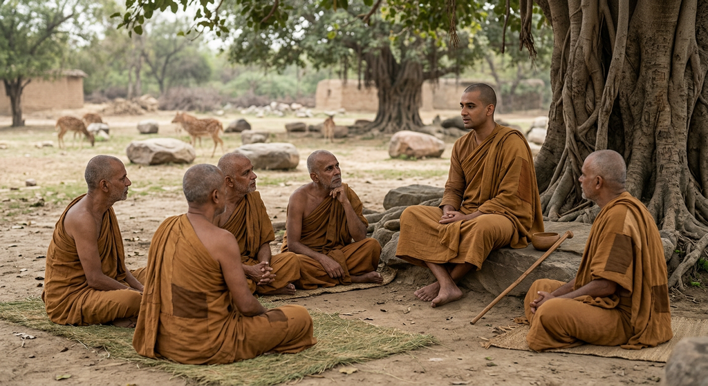 Five seated ascetics in a wooded deer park listen to a monk clad in simple ochre robes.