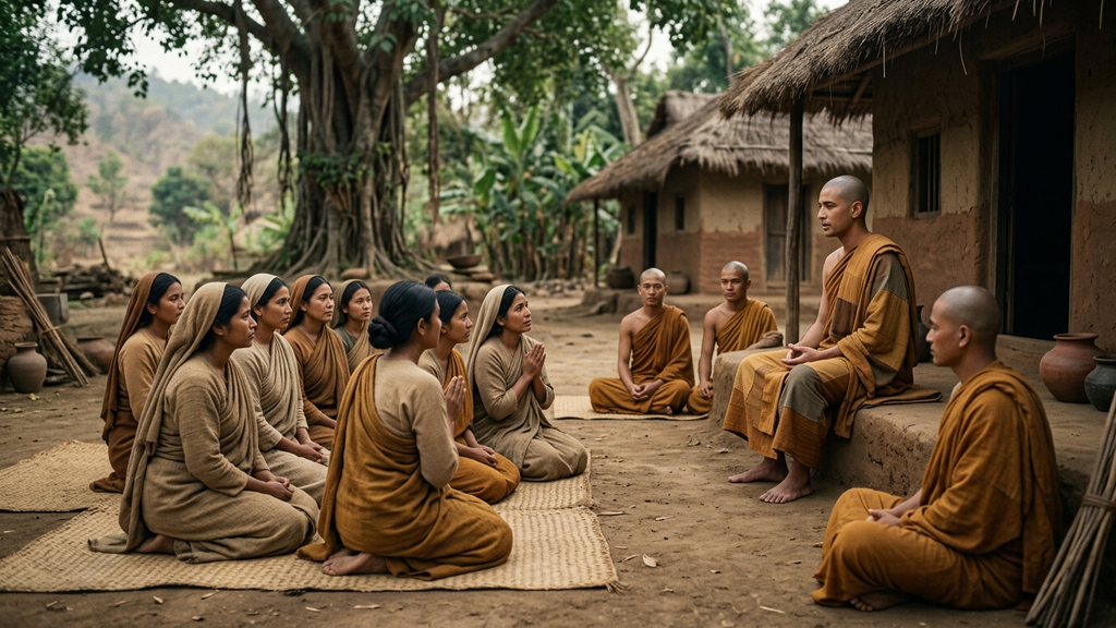 Women wearing simple ochre robes sit together outdoors, listening attentively to instruction.