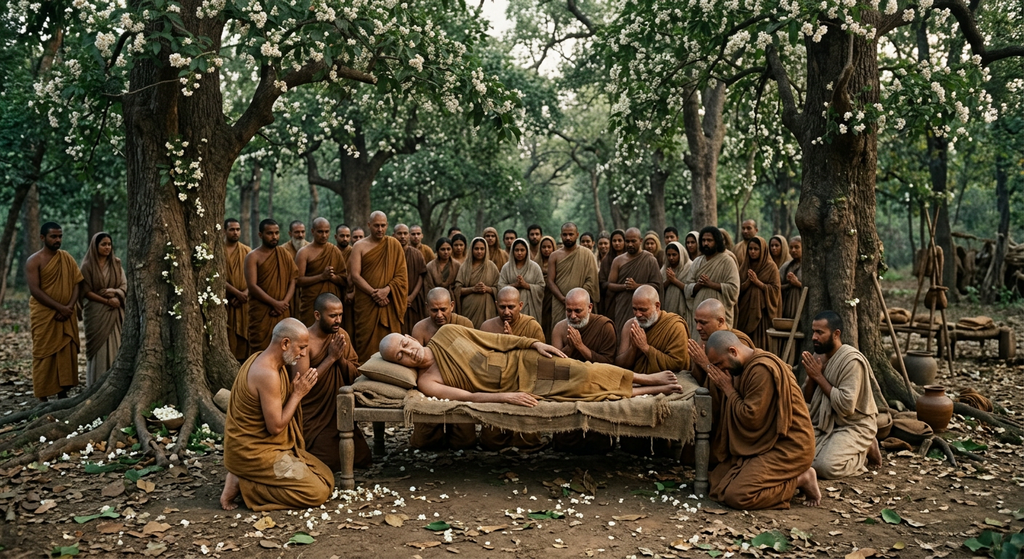 A monk reclines on his right side surrounded by mourning disciples beneath blooming sal trees.