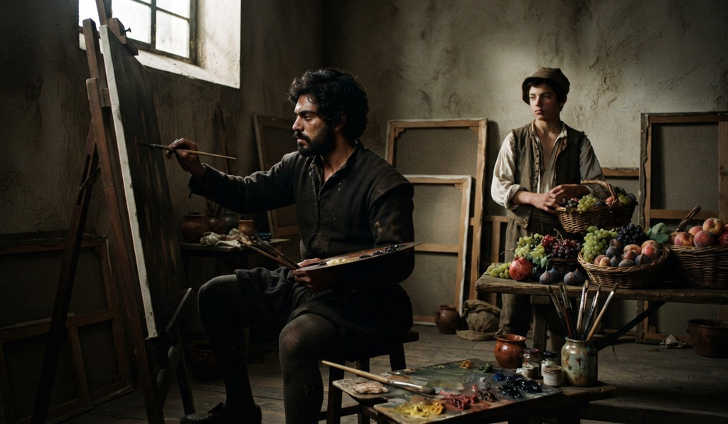 A bearded man paints a fruit vendor on a canvas in a studio filled with pigments and tools.