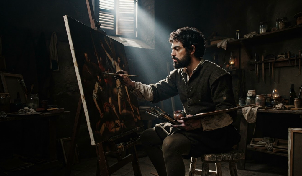 A solitary beam of sunlight pierces a high, shuttered window to illuminate an easel in a dark workshop.