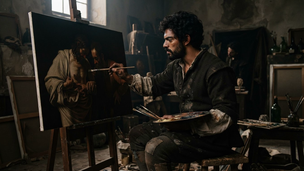 A man paints a scene of a figure examining a wound, focusing on the texture of worn hands and cloth.