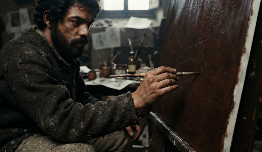 A close-up shows a hand using a brush handle to carve fine guide lines into a wet canvas surface.