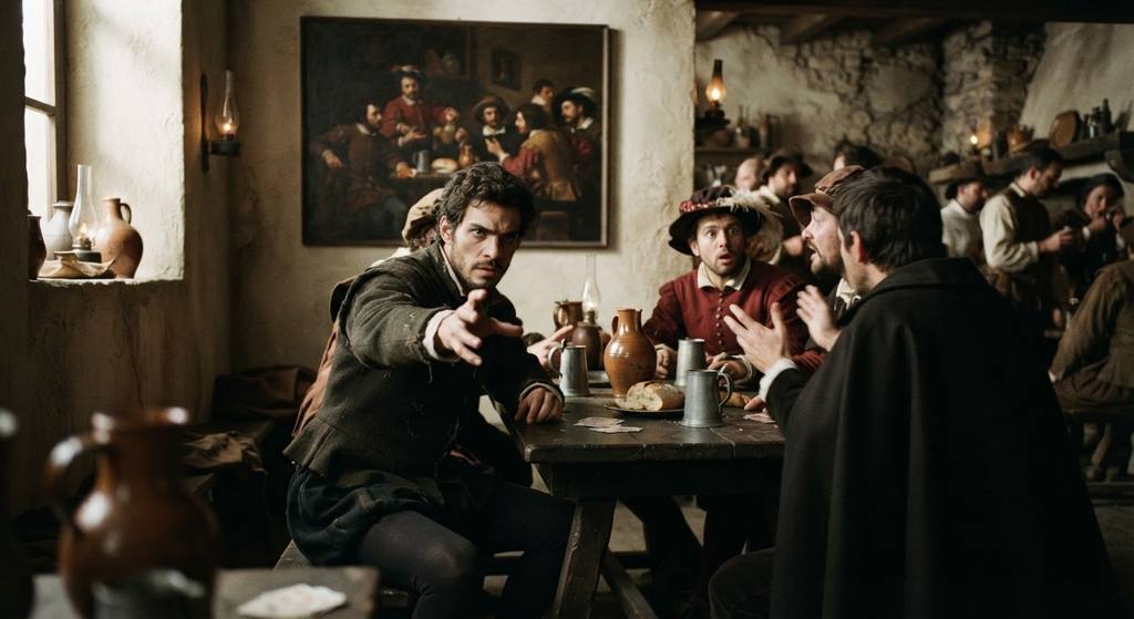A bearded man stands before a large painting of figures at a tavern, one reaching toward the viewer.