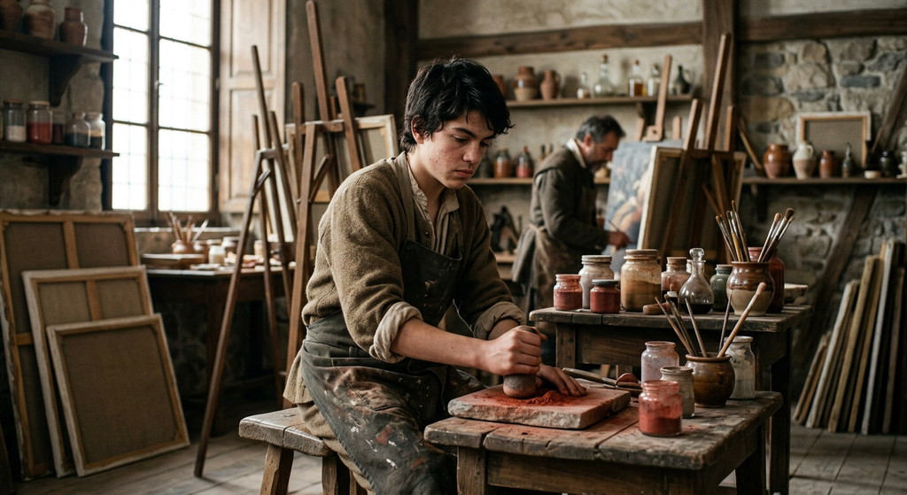 A young man with dark features works in a Renaissance studio surrounded by wooden easels and pigment jars.