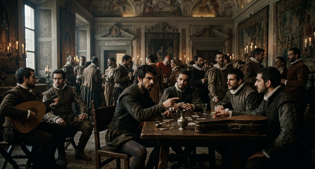 A dark-complexioned man stands in an ornate palace salon among musicians and card players.