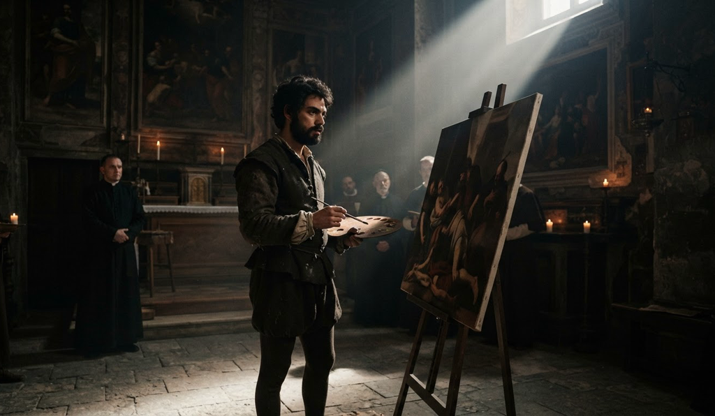 A bearded man stands in a dark stone chapel watching a beam of sunlight strike a large canvas.