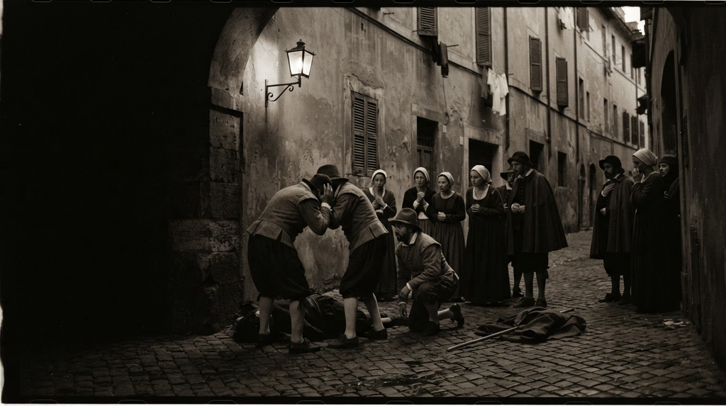 A dark, cobblestone street corner at dusk is illuminated only by the faint glow of an iron lantern.