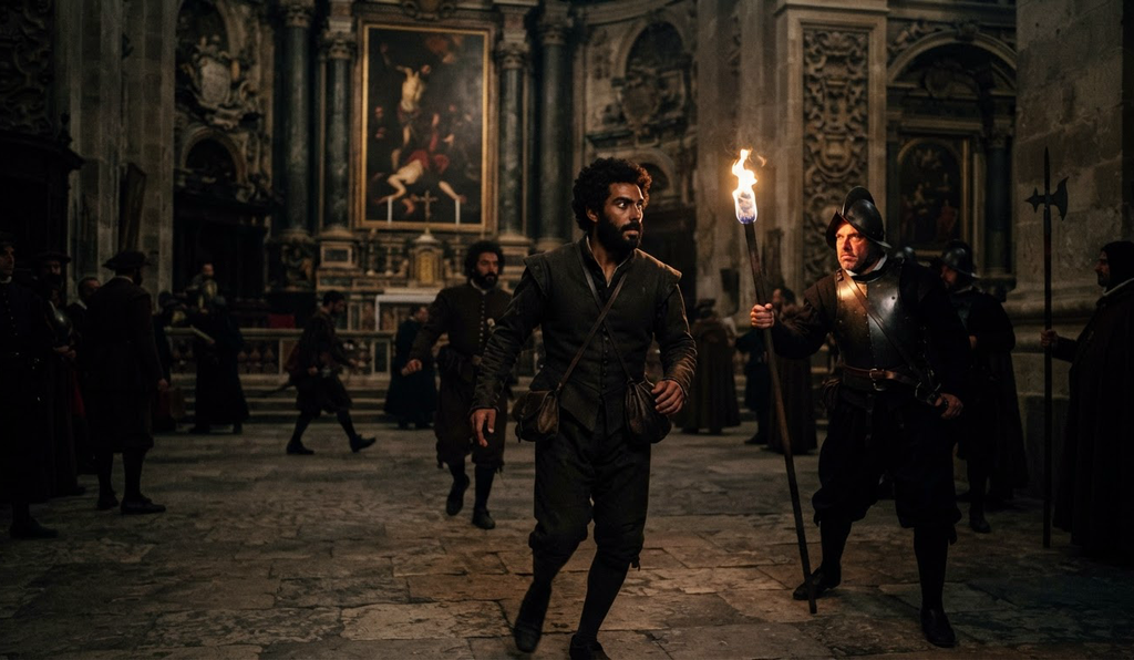 A bearded man in a vast cathedral observes a large painting illuminated by a single torch.