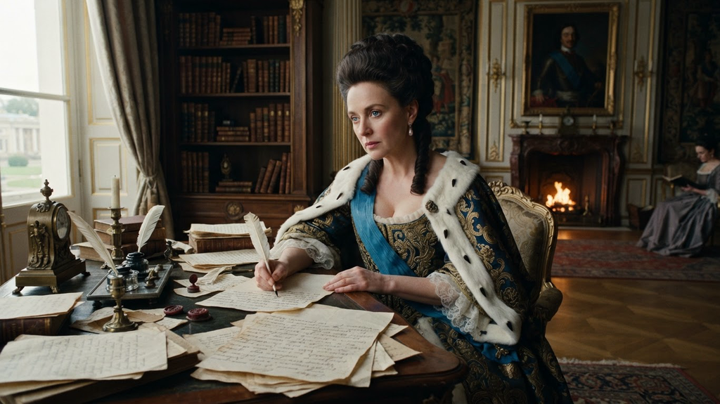 Catherine the Great sits at a mahogany desk in the Winter Palace, surrounded by stacks of legal drafts.