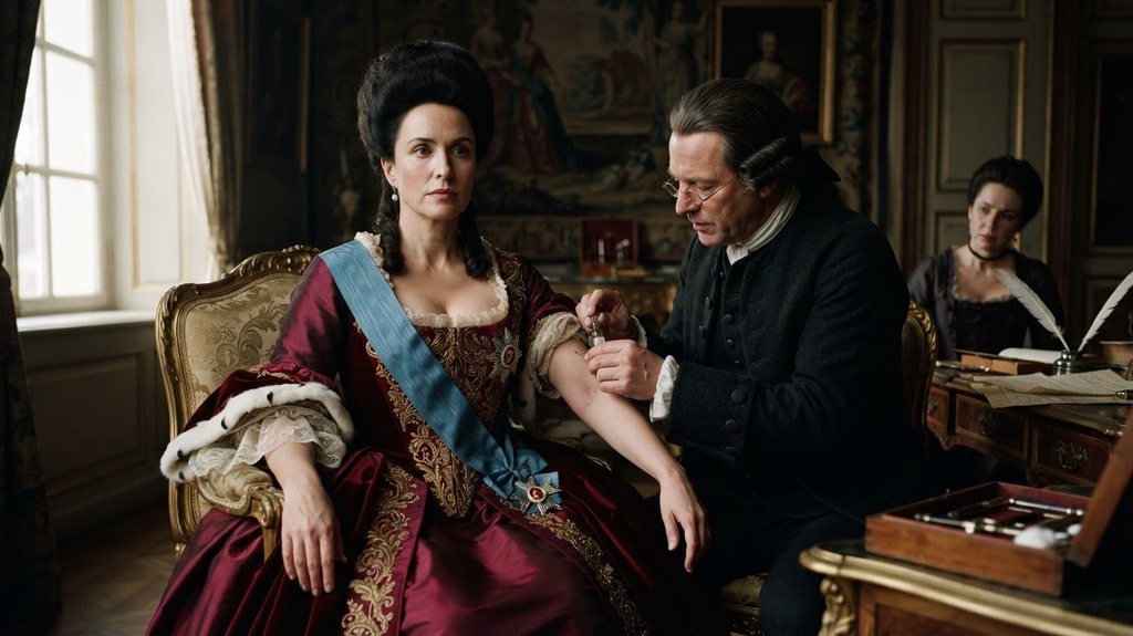 Dr. Thomas Dimsdale administers a medical inoculation to Catherine the Great in her private quarters.