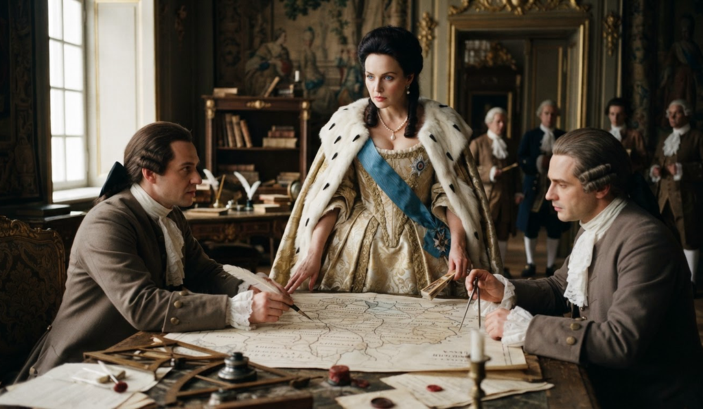Imperial administrators present new provincial boundary maps to Catherine the Great.