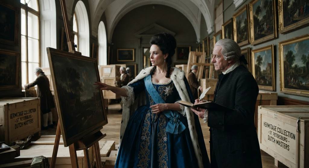 Catherine the Great inspects newly arrived Dutch oil paintings within the Grand Hermitage gallery.