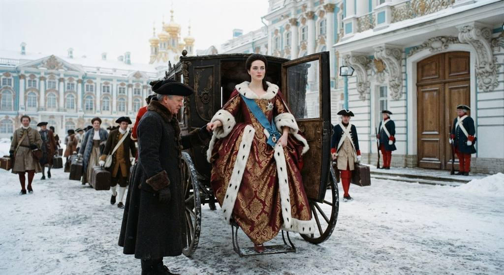 A young princess in a fur-trimmed cloak steps from a horse-drawn carriage into the snow before a Russian palace.