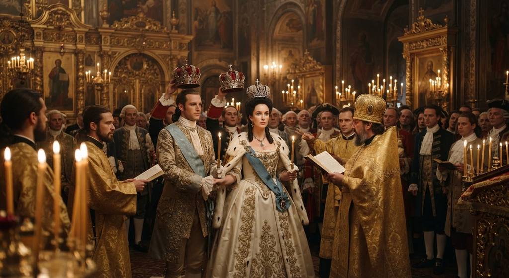 Catherine the Great stands in a grand, candlelit cathedral during her imperial wedding ceremony.