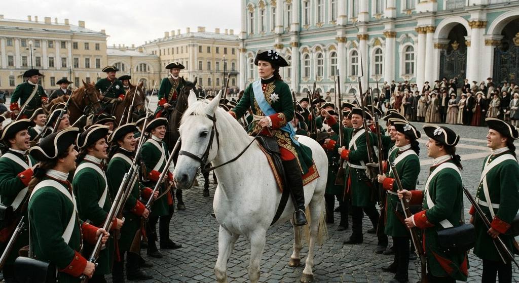 Catherine the Great in a green military uniform rides a white horse, accompanied by imperial guards.