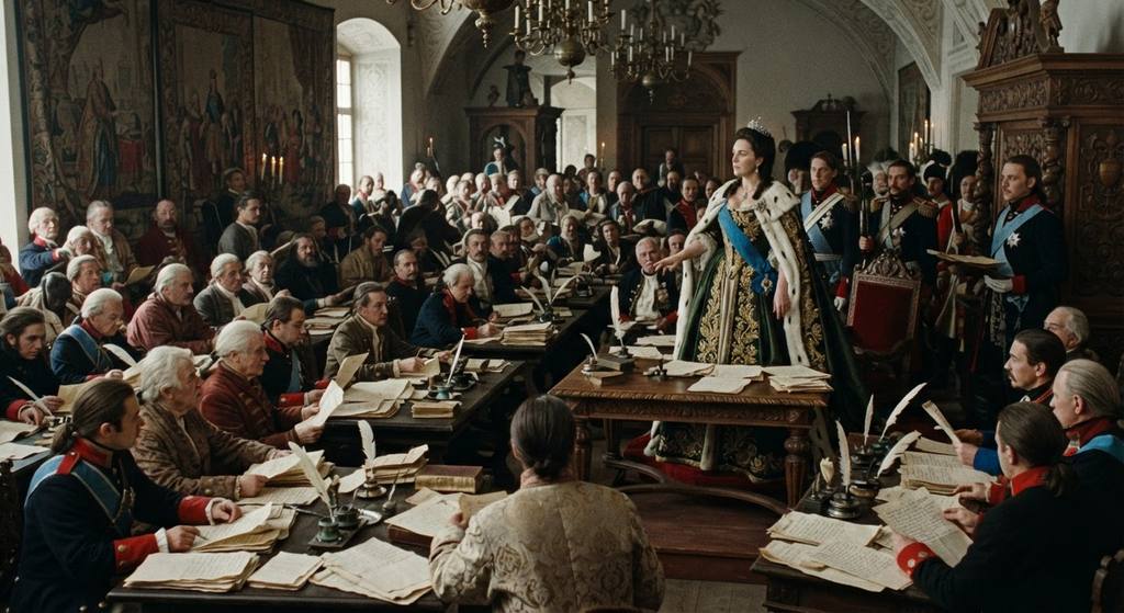 Catherine the Great observes delegates reviewing legal documents in an ornate assembly hall.