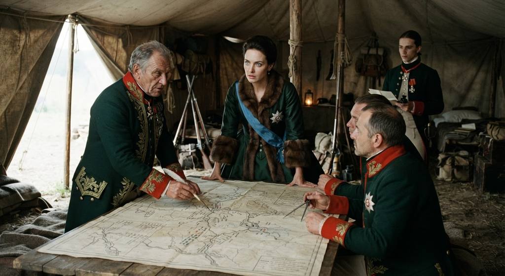 Military commanders gather around a table with tactical maps inside a large army tent.