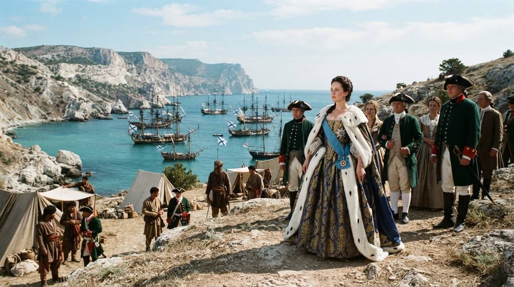 A Russian naval fleet is anchored in a sunny harbor beneath towering white limestone cliffs.