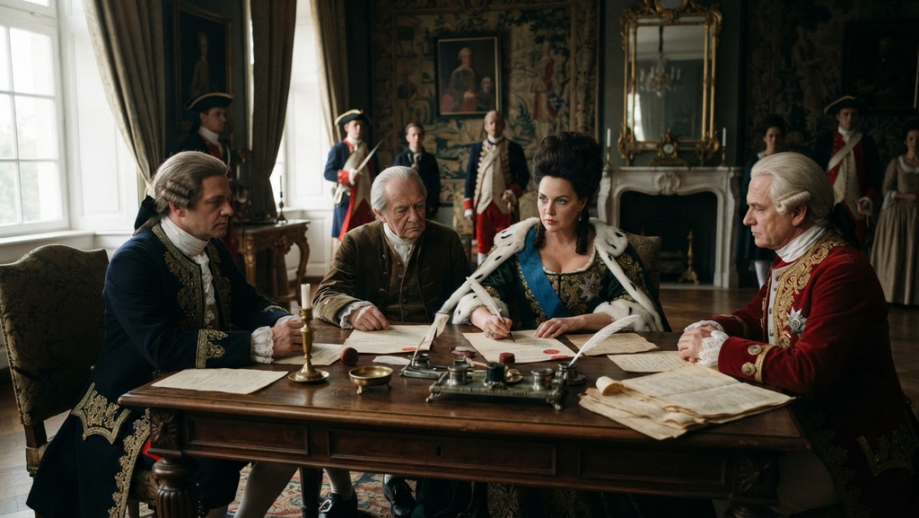 Diplomats sit at a mahogany table signing treaty documents marked with red wax seals.