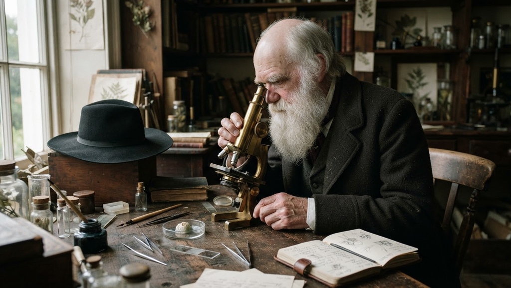 Charles Darwin examines a tiny barnacle specimen through a brass microscope at his wooden desk.