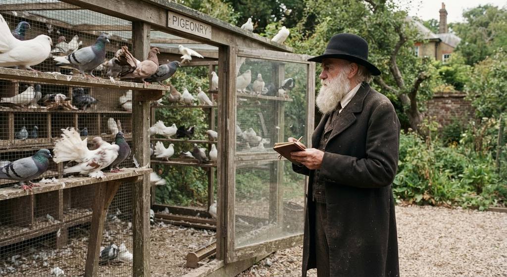 Several domestic pigeon breeds perch near an open wooden aviary in the garden at Down House.
