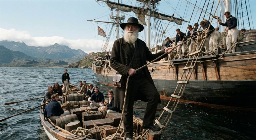Charles Darwin stands on a wooden ship deck, looking toward the HMS Beagle anchored off a rugged South American coastline.