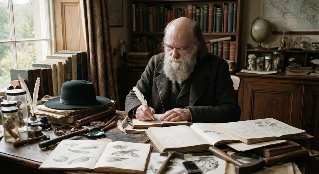 Darwin works at a sunlit wooden desk scattered with biological specimens and research notes on population economics.