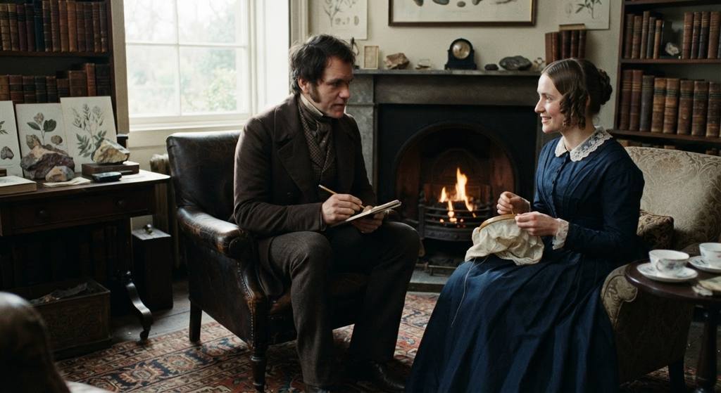 Charles Darwin and his wife Emma sit together in a cozy Victorian drawing room by a warm fireplace.