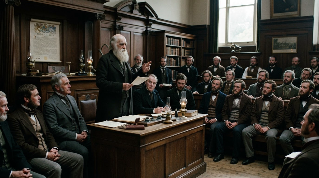 Charles Darwin stands among Victorian gentlemen in a wood-paneled room at the Linnean Society.