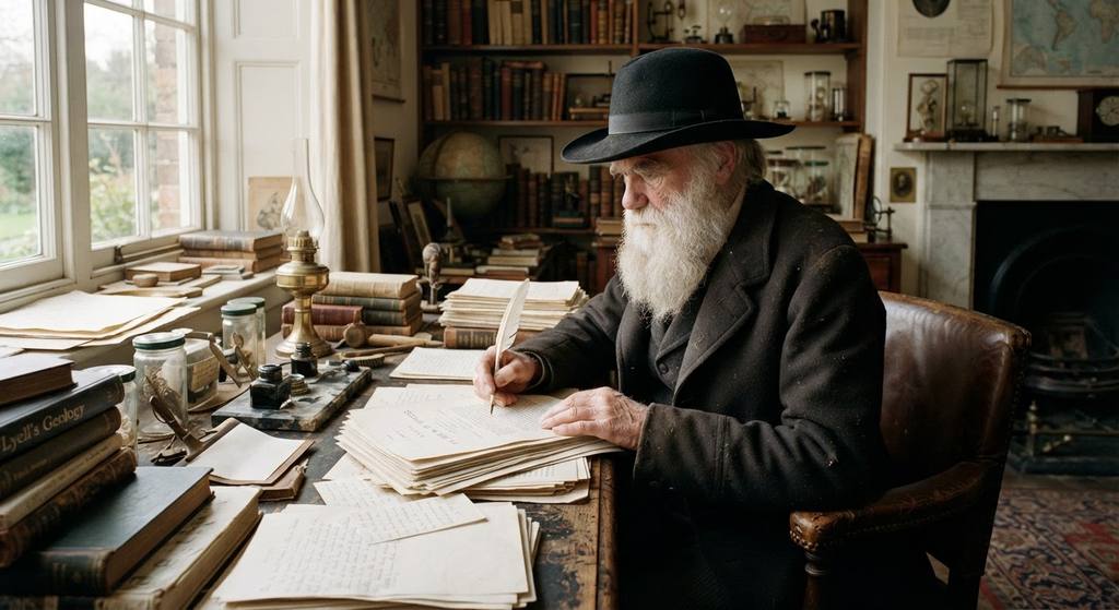A cluttered desk at Down House holds proof sheets of On the Origin of Species and various scientific tools.