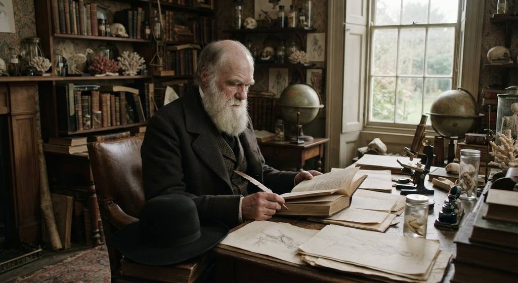 Charles Darwin stands in his study surrounded by high bookshelves, microscopes, and anatomical illustrations.
